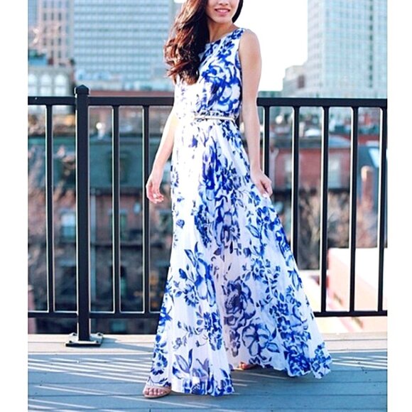 Eliza J Pleated Blue Floral Chiffon Belted Maxi Dress - Picture 1 of 10